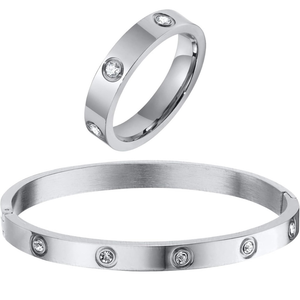 18K Gold Plated Stainless Steel Bracelet 10 Cubic Zirconia Bangle with Ring Free